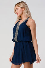 Women's Sleeveless Mini Dress with Embellished Neckline - Wear and Wander