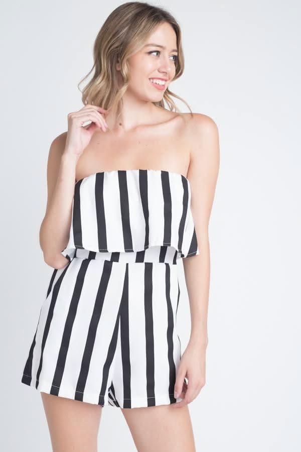 Women's Strapless Stripe Pocket Romper - Wear and Wander
