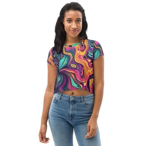 Womens Stretch Fit Crop Tee T-shirt, Vibrant Psychedelic Kaleidoscope - Wear and Wander