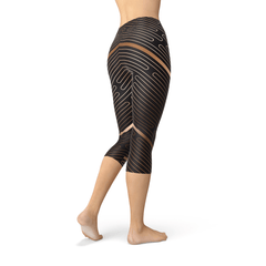 Womens Striped Lines Sports Brown Capri Leggings - Wear and Wander