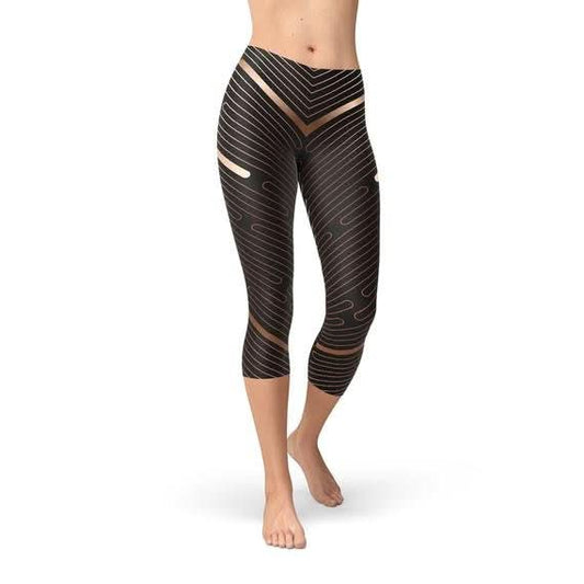 Womens Striped Lines Sports Brown Capri Leggings - Wear and Wander
