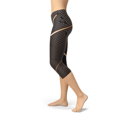 Womens Striped Lines Sports Brown Capri Leggings - Wear and Wander