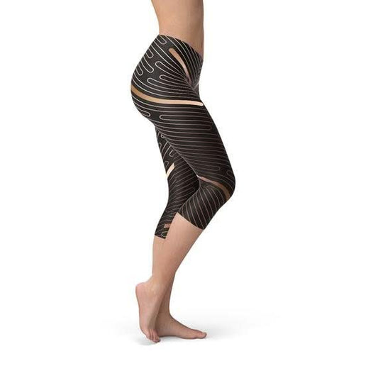 Womens Striped Lines Sports Brown Capri Leggings - Wear and Wander