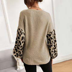 Womens V Neck Sweater With Leopard Print Sleeves - Wear and Wander