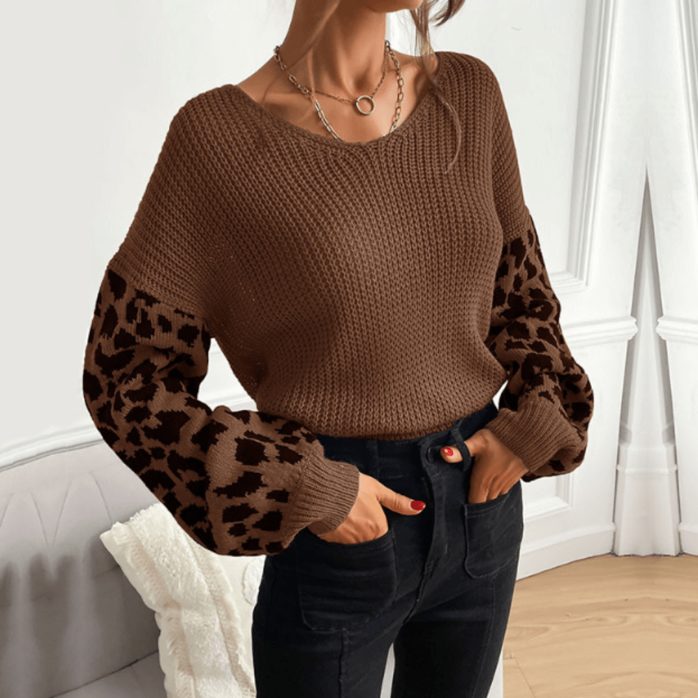Womens V Neck Sweater With Leopard Print Sleeves - Wear and Wander