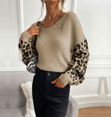 Womens V Neck Sweater With Leopard Print Sleeves - Wear and Wander