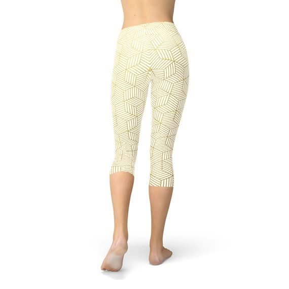 Womens White Capri Leggings w/ Geometric Cubes - Wear and Wander