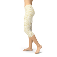 Womens White Capri Leggings w/ Geometric Cubes - Wear and Wander