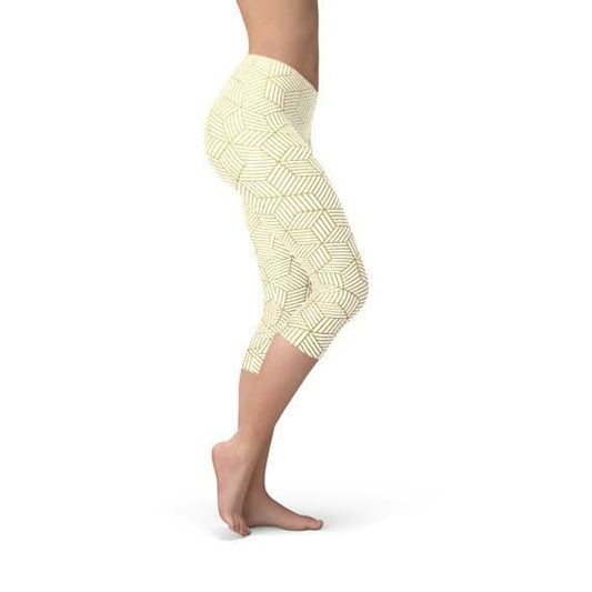 Womens White Capri Leggings w/ Geometric Cubes - Wear and Wander