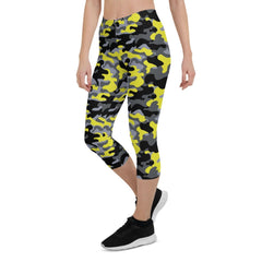 Yellow and Gray Camo Capri Leggings - Wear and Wander